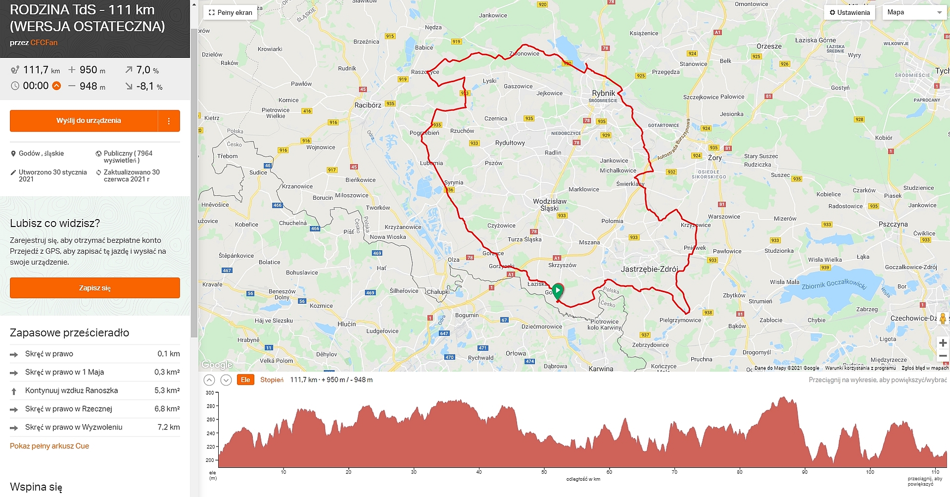 trasa maratonu 111km Gdów 10-11 lipiec 2021